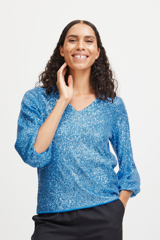 Afbeelding laden in galerijviewer, Solia Sequince V-Neck Blouse / Swedish Blue
